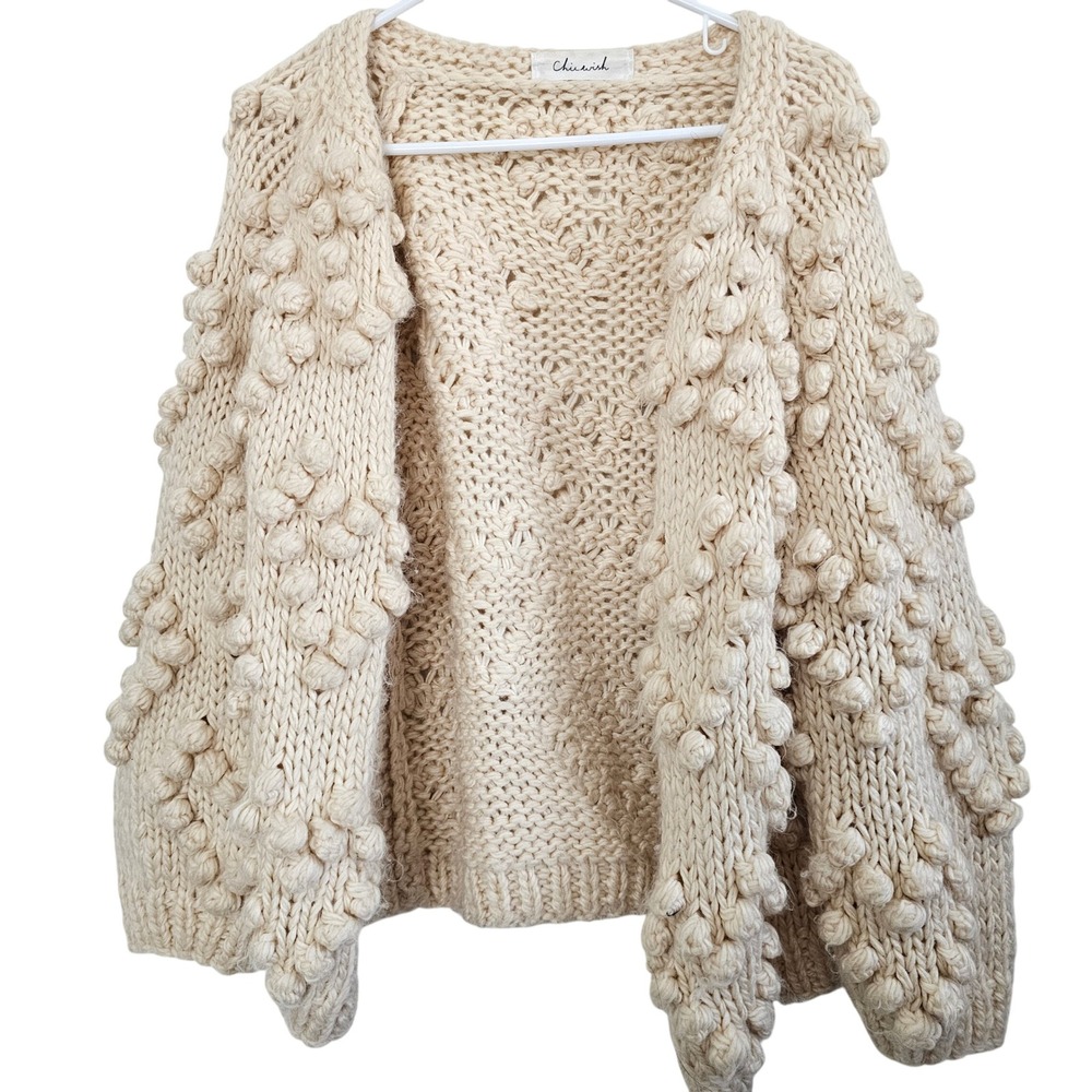 Chicwish Cream‎ Pom Pom Bobble Hand Knit Open Front Chunky Cardigan Sweater